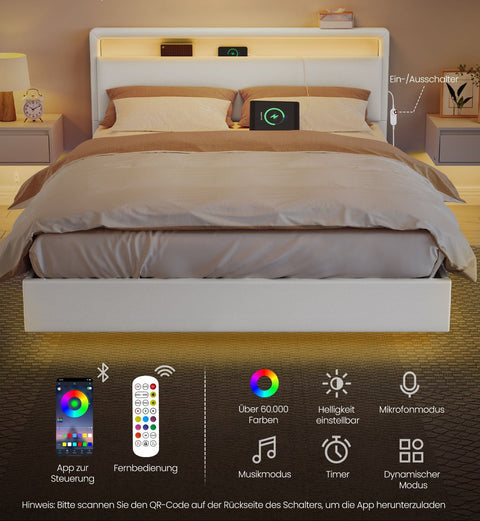 Rootz Bed Frame with LED Lighting - Illuminated Bed - Charging Station Bed - Cloud White Steel PU Leather - 213cm x 147cm x 90cm