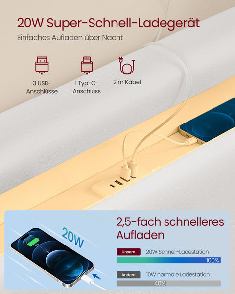 Rootz Bed Frame with LED Lighting - Illuminated Bed - Charging Station Bed - Cloud White Steel PU Leather - 213cm x 147cm x 90cm