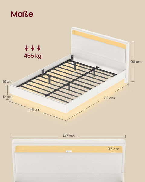 Rootz Bed Frame with LED Lighting - Illuminated Bed - Charging Station Bed - Cloud White Steel PU Leather - 213cm x 147cm x 90cm