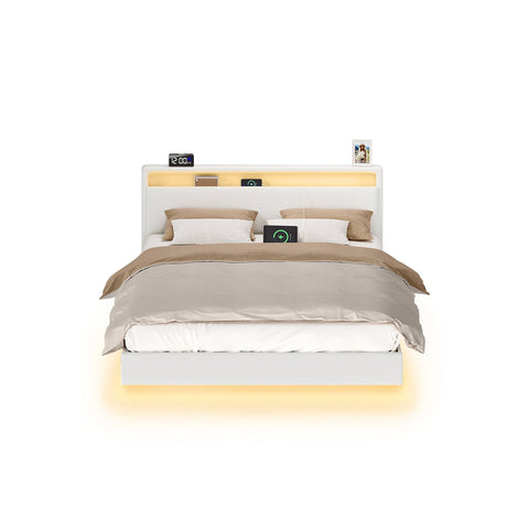 Rootz Bed Frame - Platform Bed - LED Lighting - Charging Station - Supports 455kg - 213cm x 167cm x 90cm - Cloud White