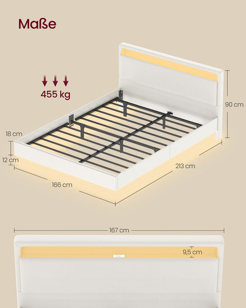 Rootz Bed Frame - Platform Bed - LED Lighting - Charging Station - Supports 455kg - 213cm x 167cm x 90cm - Cloud White