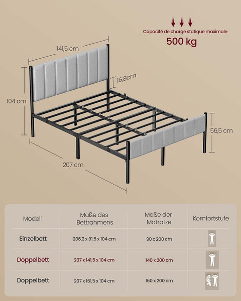 Rootz Double Bed Frame - Bedstead - Steel Frame - Max Load 500kg - 207cm x 141.5cm x 104cm -  Grey