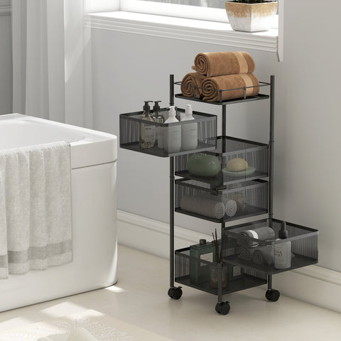 Rootz Kitchen Trolley - Mobile Storage Cart - 5 Rotating Baskets - Metal Organizer - Space-Saving, Improved Airflow - 27.5x27.5x92.5cm, Black