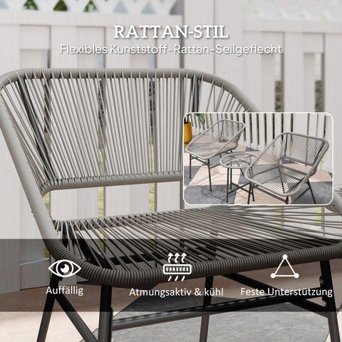 Rootz 3-Part Outdoor Set - Patio Furniture - Rattan Seating - Weatherproof - Steel Frame - Table: Ø45x46cm, Chairs: 63x65x76cm, Cushions Included