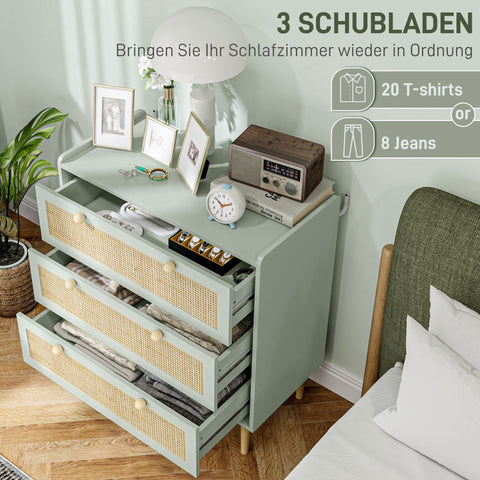 Rootz Bedroom Chest of Drawers - Clothing Storage - Rattan Fronts - Anti-Tipping Design - 80L x 40W x 87.5H cm - Green and Brown MDF