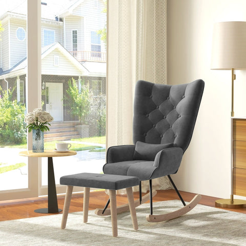 Rootz Lounge Chair and Stool Set - Modern Armchair - Upholstered Recliner - Velvet Padding - Rubber Wood Legs - Dark Gray - 66cm x 96cm x 101cm