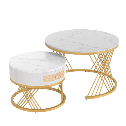 Rootz 2-in-1 Coffee Table Set - Elegant Marble Pattern - Space-Saving Table - MDF & Metal - 70x70x45.5cm & 50x50x38.5cm