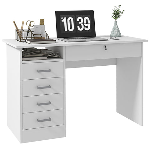 Rootz Modern Desk with 5 Drawers - Workspace Table - White Office Desk - Lockable Storage - 110 x 50 x 76cm