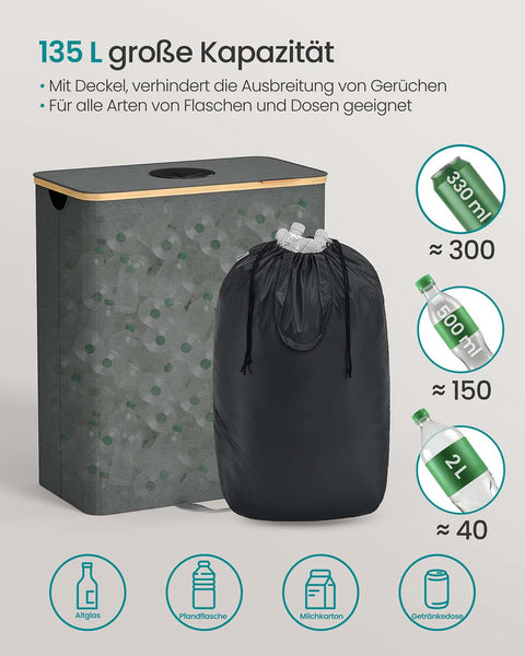 Rootz Pawn Bottle Collection Container - Recycling Bin - Trash Storage - Grey  and Brown 135L - 52.5cm x 38.5cm x 70.5cm