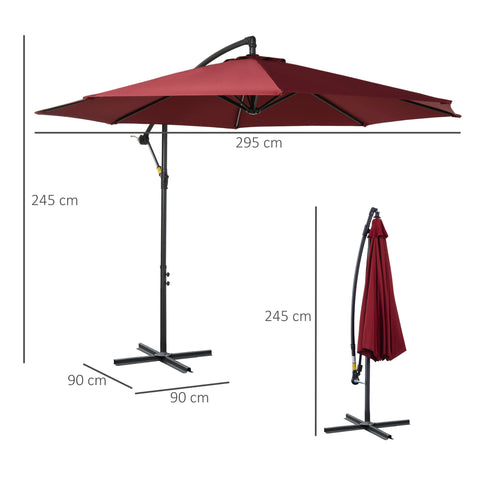 Rootz Offset Parasol - Tiltable Umbrella - Patio Canopy - UV Protection - Ø 2.95 x 2.45H m - Wine Red - Steel Frame - Easy Crank System
