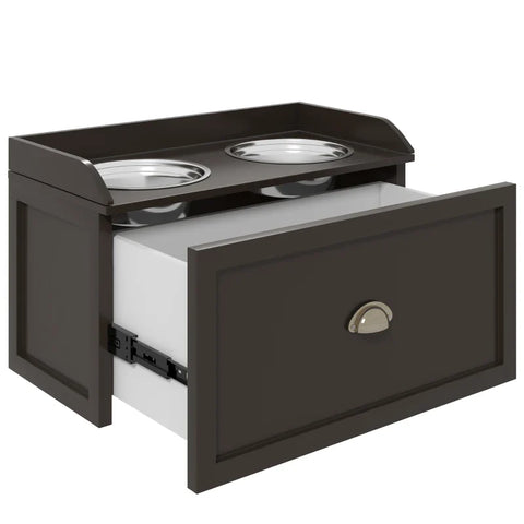 Rootz Voerstation - Verhoogde voerbakken - 2 voerbakken - 2 roestvrijstalen voerbakken - 1 opbergruimte - Bruin - 60 x 30 x 36 cm