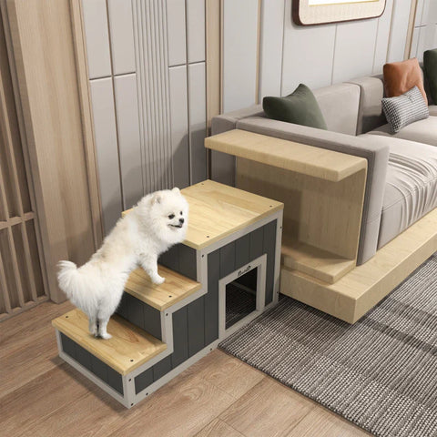 Rootz Pet Stairs - Dog Stairs - 3 Steps - Pine Wood - Non-slip Foot Pads - Natural + White - 79cm x 38.5cm x 45cm