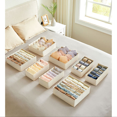 Rootz 8 Piece Set Underwear Organizer - Lingerie Storage - Drawer Dividers - Non-Woven Fabric - Cardboard - PE Board - Beige - 32cm x 32cm x 10cm