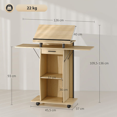 Rootz Rollable Panel Stand - Laptop Table - Standing Desk with Adjustable Wings - Brown Look - 126x37x136 cm - Enhances Workspace Efficiency
