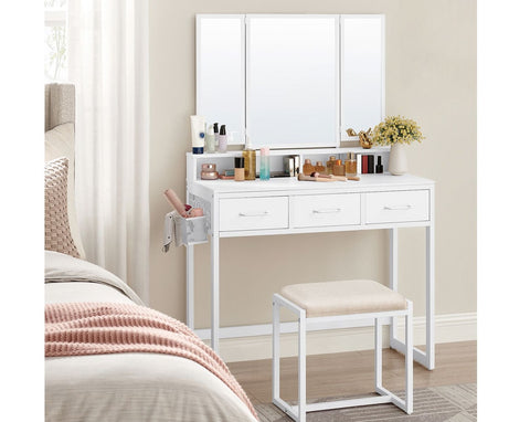Rootz White Dressing Table Set - Vanity Table - Makeup Table - Chipboard Steel Glass - Artificial Leather Foam Rubber - 40cm x 90cm x 141cm - 28.6cm x 42cm x 42.5cm - 25.7kg - 150kg Max Load - Includes Stool and Assembly Tools