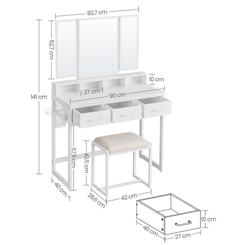 Rootz White Dressing Table Set - Vanity Table - Makeup Table - Chipboard Steel Glass - Artificial Leather Foam Rubber - 40cm x 90cm x 141cm - 28.6cm x 42cm x 42.5cm - 25.7kg - 150kg Max Load - Includes Stool and Assembly Tools
