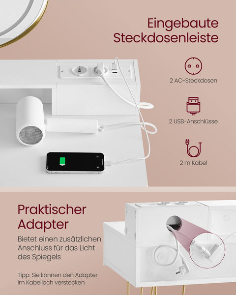 Rootz Vanity Set with Stool - Makeup Table - Dresser - Integrated Lighting - Matte White-Pale Gold - 40 x 100 x 134.8 cm