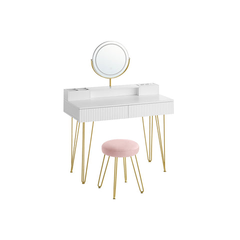 Rootz Vanity Set with Stool - Makeup Table - Dresser - Integrated Lighting - Matte White-Pale Gold - 40 x 100 x 134.8 cm
