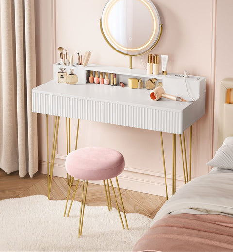 Rootz Vanity Set with Stool - Makeup Table - Dresser - Integrated Lighting - Matte White-Pale Gold - 40 x 100 x 134.8 cm