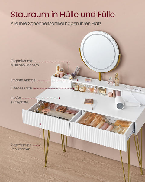 Rootz Vanity Set with Stool - Makeup Table - Dresser - Integrated Lighting - Matte White-Pale Gold - 40 x 100 x 134.8 cm