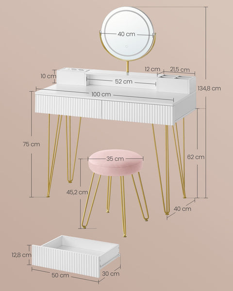 Rootz Vanity Set with Stool - Makeup Table - Dresser - Integrated Lighting - Matte White-Pale Gold - 40 x 100 x 134.8 cm
