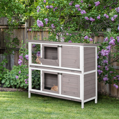 Rootz 2-Story Rabbit Cage - Pet Hutch - Animal Shelter - Solid Wood - Foldable Roof - 122 x 50 x 101 cm Grey White