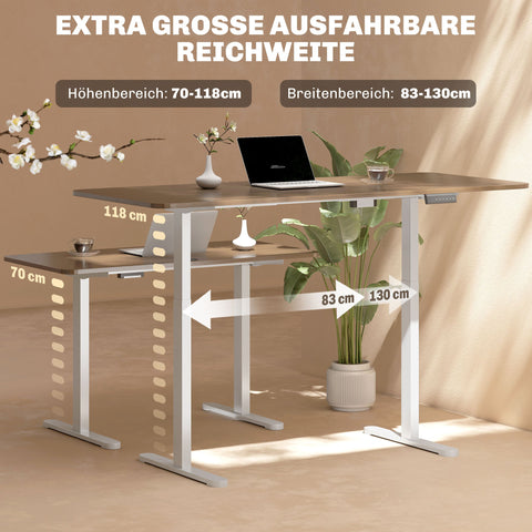 Rootz Electric Desk Frame - Adjustable Desk Base - Memory Function - Promotes Ergonomic Work - Steel, White - 83cm x 45cm x 70-118cm