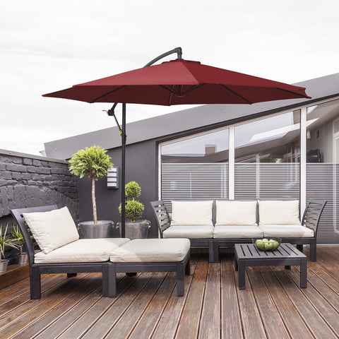 Rootz Offset Parasol - Tiltable Umbrella - Patio Canopy - UV Protection - Ø 2.95 x 2.45H m - Wine Red - Steel Frame - Easy Crank System