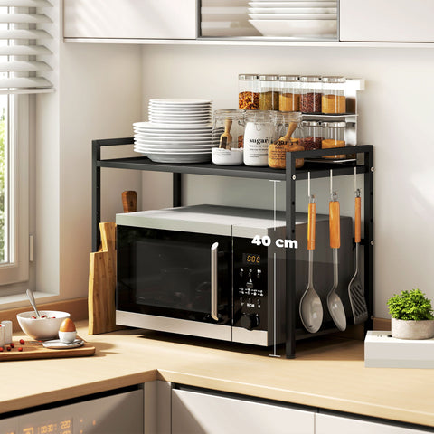 Rootz Microwave Shelf - Kitchen Organizer - Extendable Rack - Space-Saving - Metal - 39.5-64 x 32 x 47.5 cm - Black