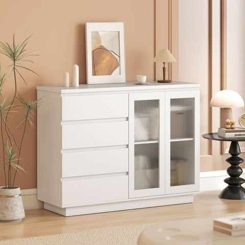 Rootz Buffet Cabinet Sideboard - Storage Cupboard - Display Unit - Silent Soft-Close, Organizes Dining Room - 120x40x91 cm, White, MDF, 4 Drawers, 2 Glass Doors