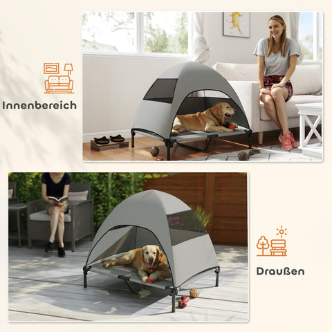 Rootz Outdoor Elevated Dog Bed with Canopy - Raised Pet Lounger - Sun Protection - Grey - 91cm x 76cm x 90cm