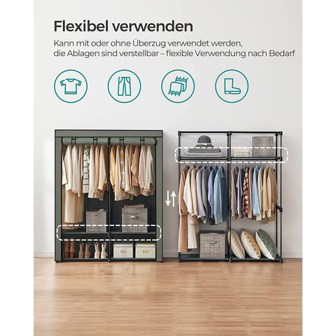 Rootz Fabric Cabinet with 2 Clothes Rails - Wardrobe Organiser - Clothing Stand - Non-woven Fabric - Metal Frame - 43cm x 140cm x 174cm