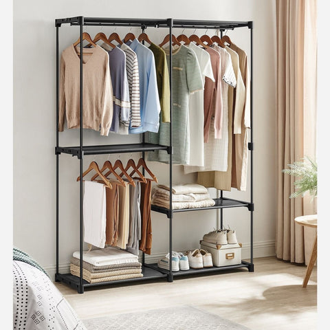 Rootz Portable Black Wardrobe - Closet Organizer - Clothes Storage - Steel & Plastic - 43cm x 138cm x 182cm - Lightweight - Easy Assembly - Max Load 20kg per Rail