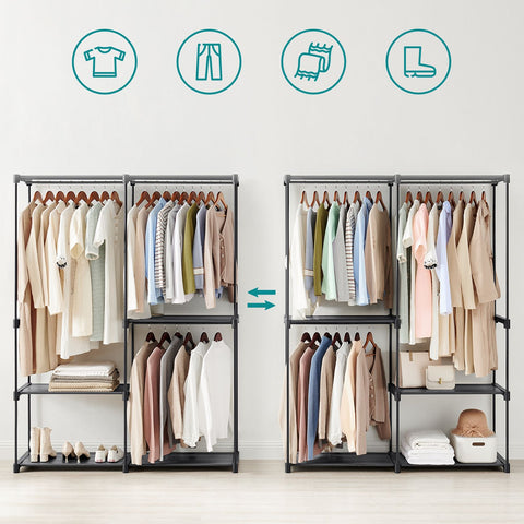 Rootz Portable Black Wardrobe - Closet Organizer - Clothes Storage - Steel & Plastic - 43cm x 138cm x 182cm - Lightweight - Easy Assembly - Max Load 20kg per Rail