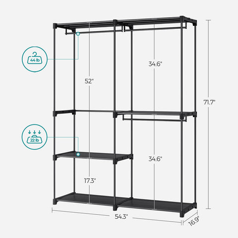Rootz Portable Black Wardrobe - Closet Organizer - Clothes Storage - Steel & Plastic - 43cm x 138cm x 182cm - Lightweight - Easy Assembly - Max Load 20kg per Rail