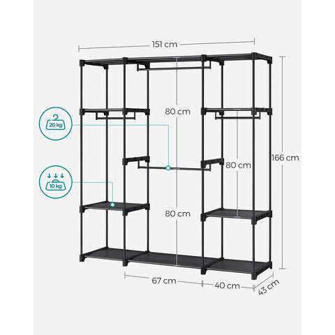 Rootz Black Steel and Plastic Wardrobe - Clothes Organizer - Storage Cabinet - Heavy Duty - Spacious - Easy Assembly - 43cm x 151cm x 166cm