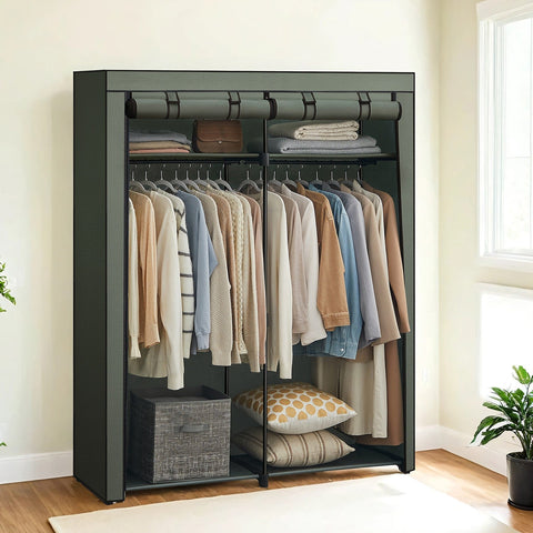 Rootz Wardrobe - Clothes Organizer - Storage Cabinet - Green Fabric - Space Saving - 140 x 43 x 174 cm