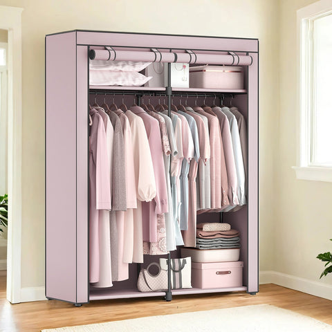 Rootz Pink Fabric Wardrobe - Closet Organizer - Storage Solution - Non-Woven Fabric - Sturdy Metal - 140 x 43 x 174 cm