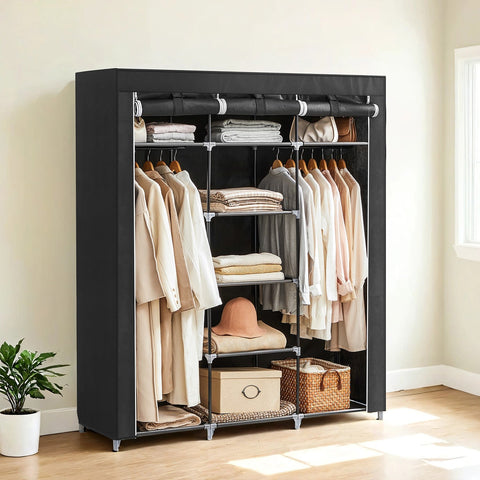 Rootz Folding Closet Wardrobe - Storage Organizer - Fabric Wardrobe - Steel Frame - Black - Keeps Clothes Dust-Free - 150cm x 175cm x 45cm