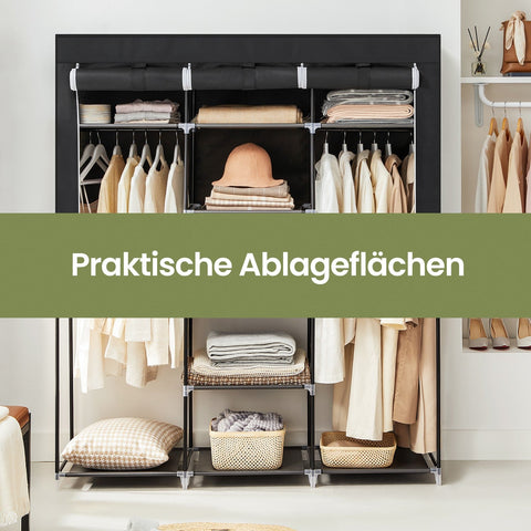 Rootz Folding Closet Wardrobe - Storage Organizer - Fabric Wardrobe - Steel Frame - Black - Keeps Clothes Dust-Free - 150cm x 175cm x 45cm