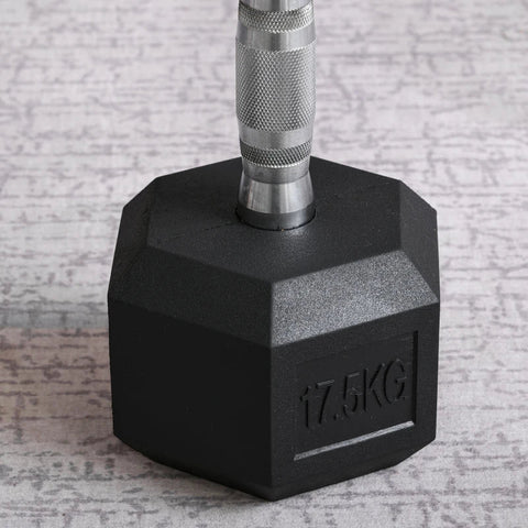 Rootz Dumbbell - Antisliphandvat - Enkele rubberen zeskanthalter - Homegym - Zwart + Zilver - Ø16,2 x 34,6Lcm