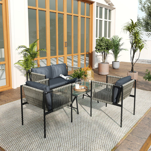 Rootz 4-Part Garden Furniture Set - Outdoor Lounge - Patio Sofa Set - Steel & Rattan - Ideal Comfort - Armchair 65x68cm, Sofa 116x65cm, Table 90x50cm