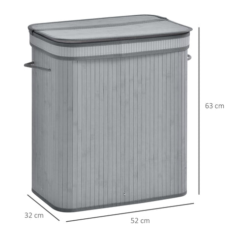 Rootz Bamboo Laundry Basket - 100L Clothes Hamper - Foldable Storage Bin - Water Resistant - 52cm x 32cm x 63cm - Grey