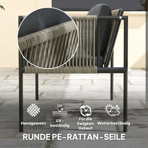 Rootz 4-Part Garden Furniture Set - Outdoor Lounge - Patio Sofa Set - Steel & Rattan - Ideal Comfort - Armchair 65x68cm, Sofa 116x65cm, Table 90x50cm