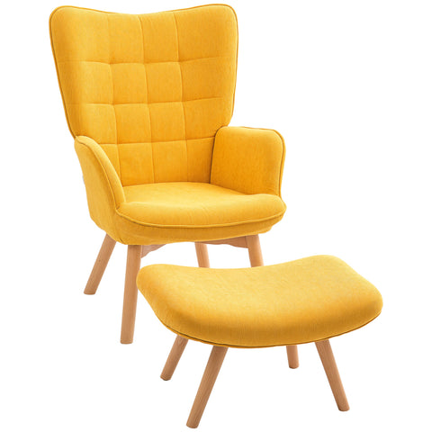 Rootz Accent Chair with Stool - Relaxation Chair - Armchair - Wood Legs - High Comfort - 72cm x 80cm x 101cm - Yellow Corduroy