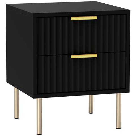 Rootz Bedside Table - Grooved Side Table - 2 Drawer Nightstand - Luxury Gold Handles - 40x39x48cm - Elegant Black with Steel Legs