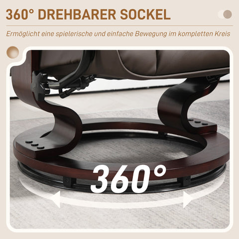 Rootz Relaxation Armchair Set - Recliner & Ottoman - Lounge Chair - 360° Swivel Base - Faux Leather - 76cm x 85cm x 104cm - Brown