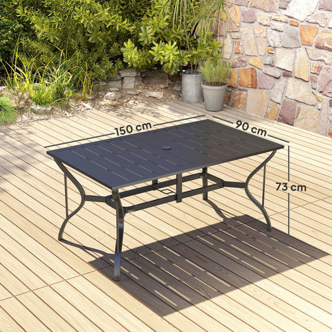 Rootz Garden Table - Outdoor Dining Table - Patio Table - Weatherproof - Steel - 150x90x73 cm - Black - Seats 6 - Umbrella Hole