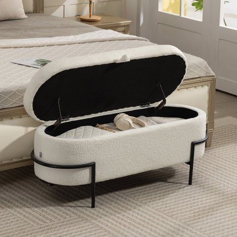 Rootz Storage Stool - Ottoman Bench - Footrest Seat - Hidden Storage - White - Fleece Cover - Steel Legs - 114.5 x 40 x 48 cm