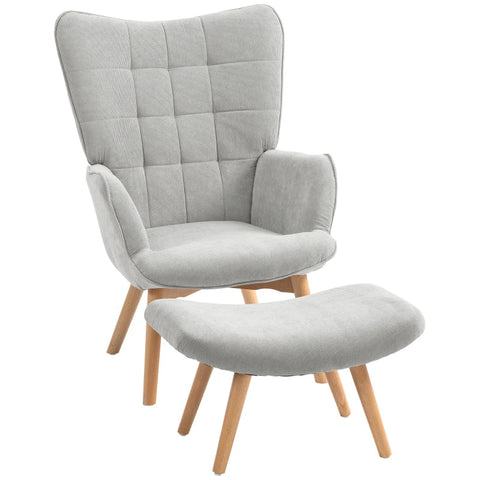 Rootz Accent Chair In Scandi Design - Relaxation Chair With Stool - Wing Chair - Armchair Set - Beech Wood - Cord Look - Gray - 72L x 80W x 101H cm
